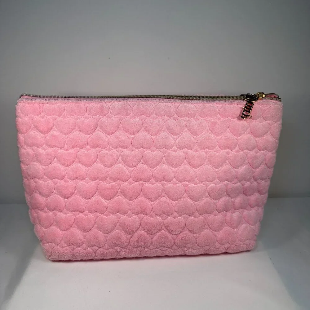 NWT JUICY Couture 2-Pc Travel Cosmetic Makeup Bags Pink Velour Hearts
